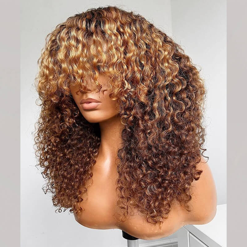 16"=$105 | P4/27 Ombre Afro Kinky Curly Wig with Bangs Full Machine Made Remy Human Hair Wig