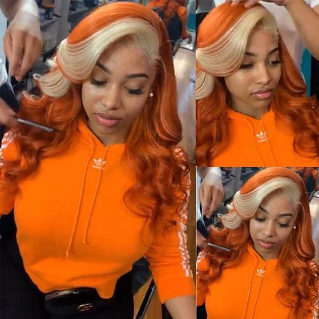 Skunk Stripe Ginger Blonde Ombre Wigs Transparent 13*4 Lace Front Wig Body Wave Lace Frontal Human Hair Wig - arabellahair.com