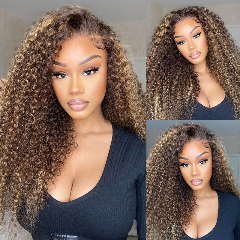 Human hair wig 30" Deep Wave Wig Honey Blonde Piano Highlights Color 13x4 Lace Front 180%/250% Density Human Hair Wigs Free Part - arabellahair.com
