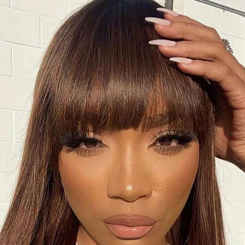 Chestnut Dark Brown Color Wig Straight Non-Lace Machine Made