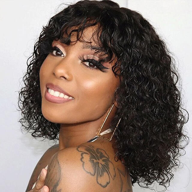 Jerry Curly Bob Wig With Bangs Full Machine Made For Women Fringe Wigs Non-Lace Wig - arabellahair.com