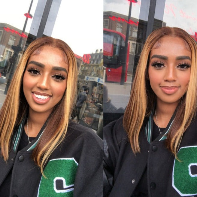 4*4 Lace Wigs Straight Hair Honey Blonde Piano Highlights Color Bob Human Hair Wig 180% Density - arabellahair.com