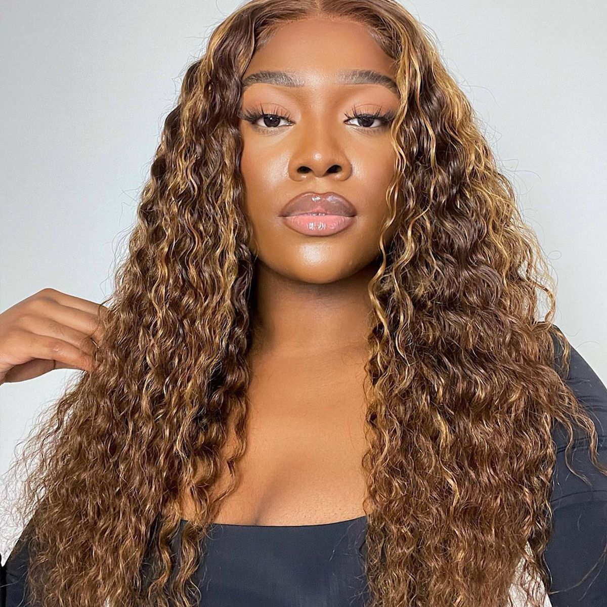 22" Honey Blonde Piano Highlights Color Wig Deep Wave Curly Style Transparent Lace 4*4 Glueless Wig 180% Density - arabellahair.com