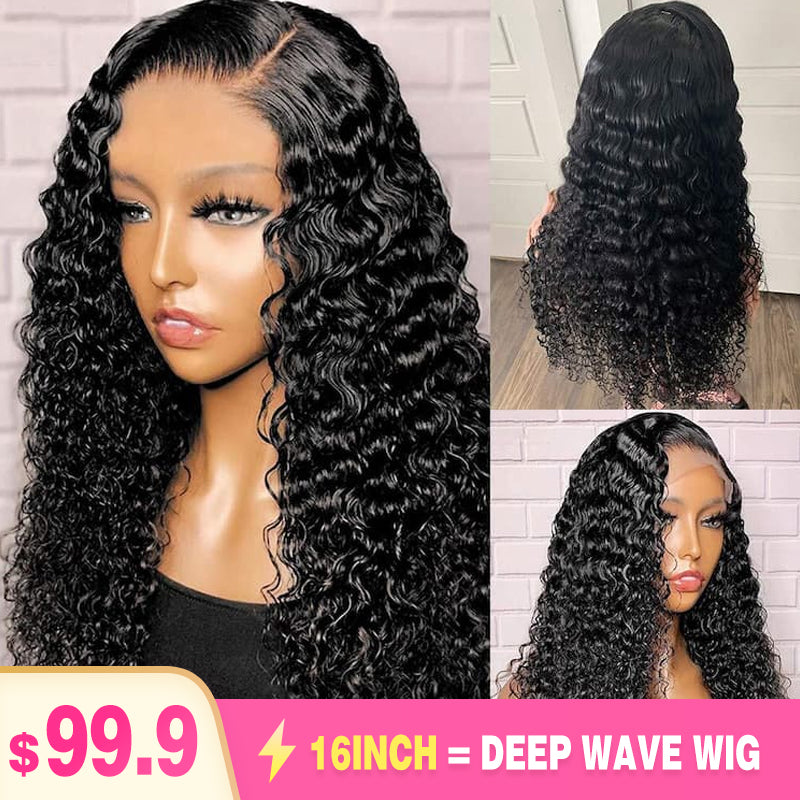 $99.9 16" Deep Wave 5*5 Lace Closure Human Hair Wig Natual Black - arabellahair.com