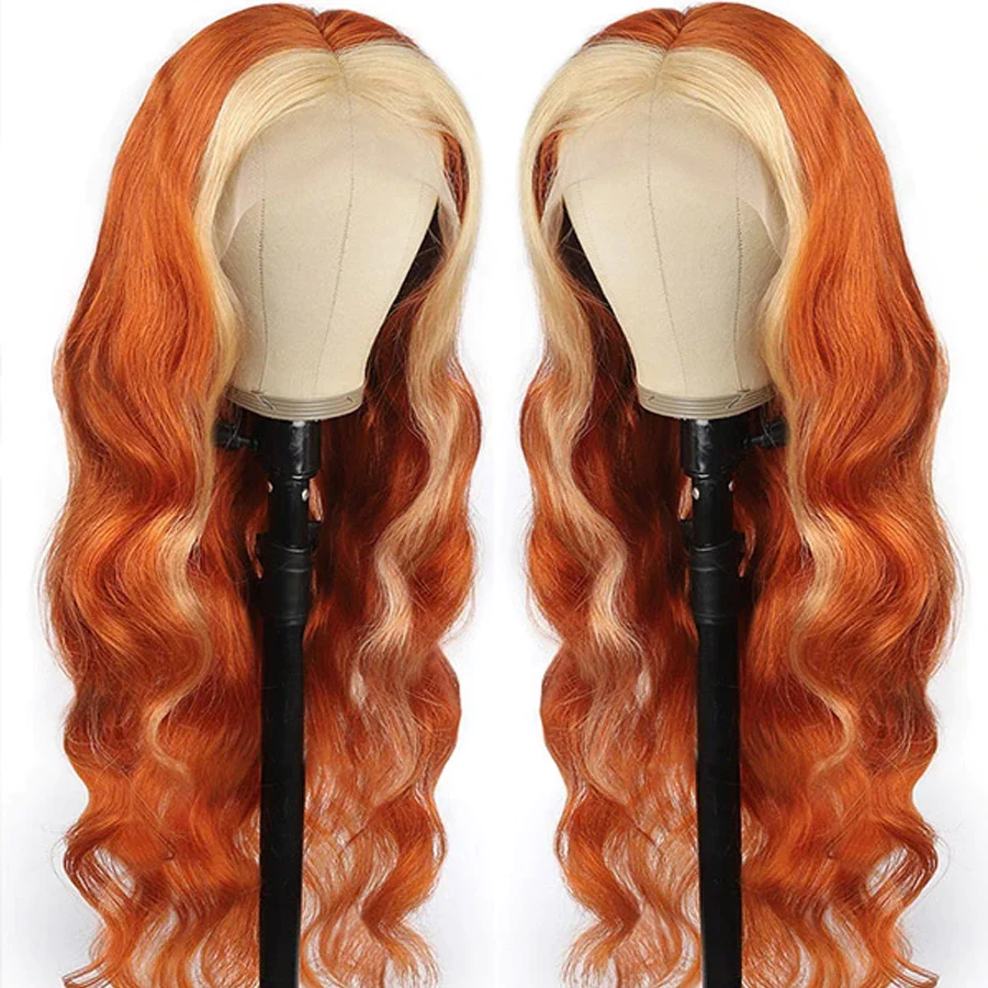 Human hair wig Skunk Stripe Ginger Blonde Ombre Wigs Transparent 13*4 Lace Front Wig Body Wave Lace Frontal Human Hair Wig - arabellahair.com