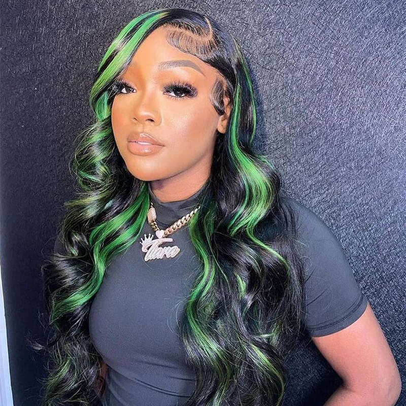 Human hair wig Green Highlights Body Wave HD Lace 13x4 Transparent Lace 180% Density Color Wigs Free Part - arabellahair.com