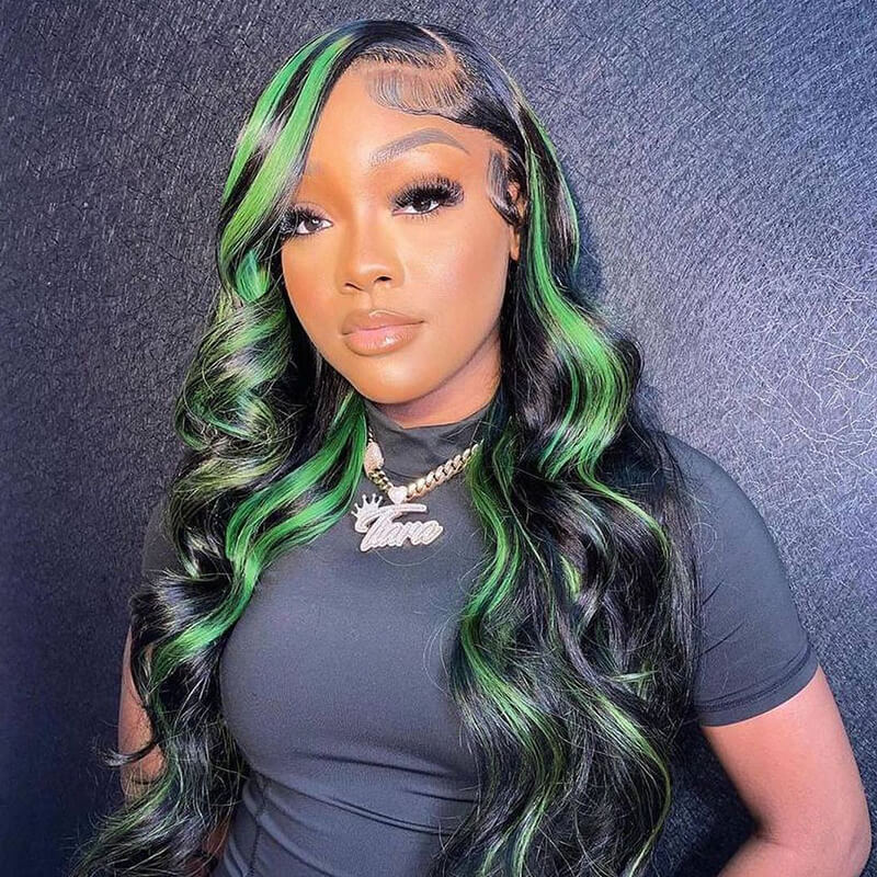 Human hair wig Green Highlights Body Wave HD Lace 13x4 Transparent Lace 180% Density Color Wigs Free Part - arabellahair.com