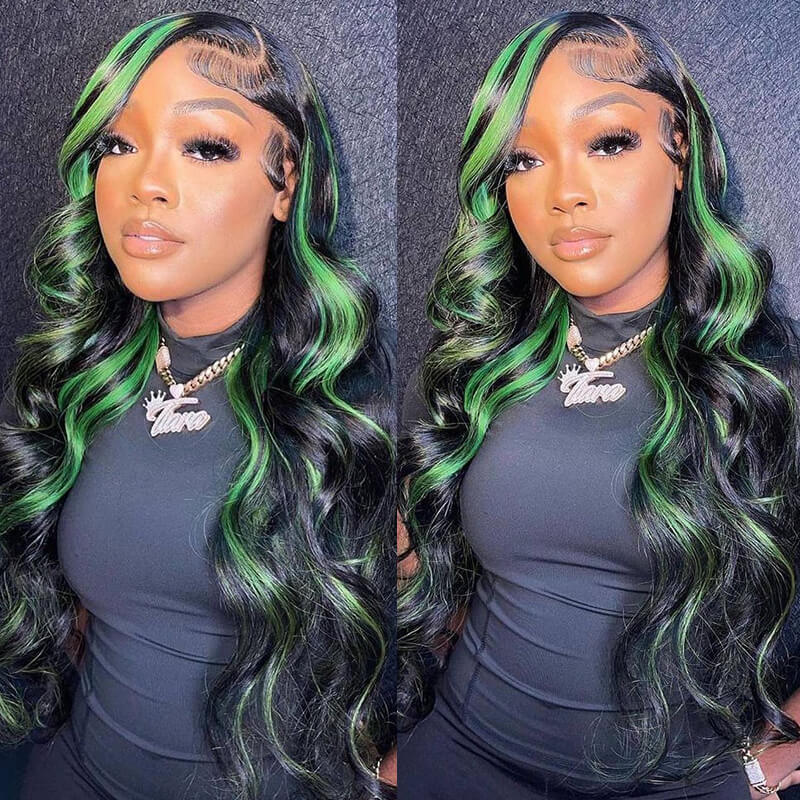 Human hair wig Green Highlights Body Wave HD Lace 13x4 Transparent Lace 180% Density Color Wigs Free Part - arabellahair.com