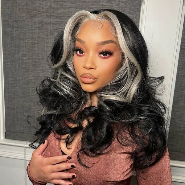 Blonde Skunk Stripe New Highlight Blonde Color 15A Double Drawn Hair 13*4 Transparent Lace Frontal Wig Ponytail Short Style Wave Bob - arabellahair.com
