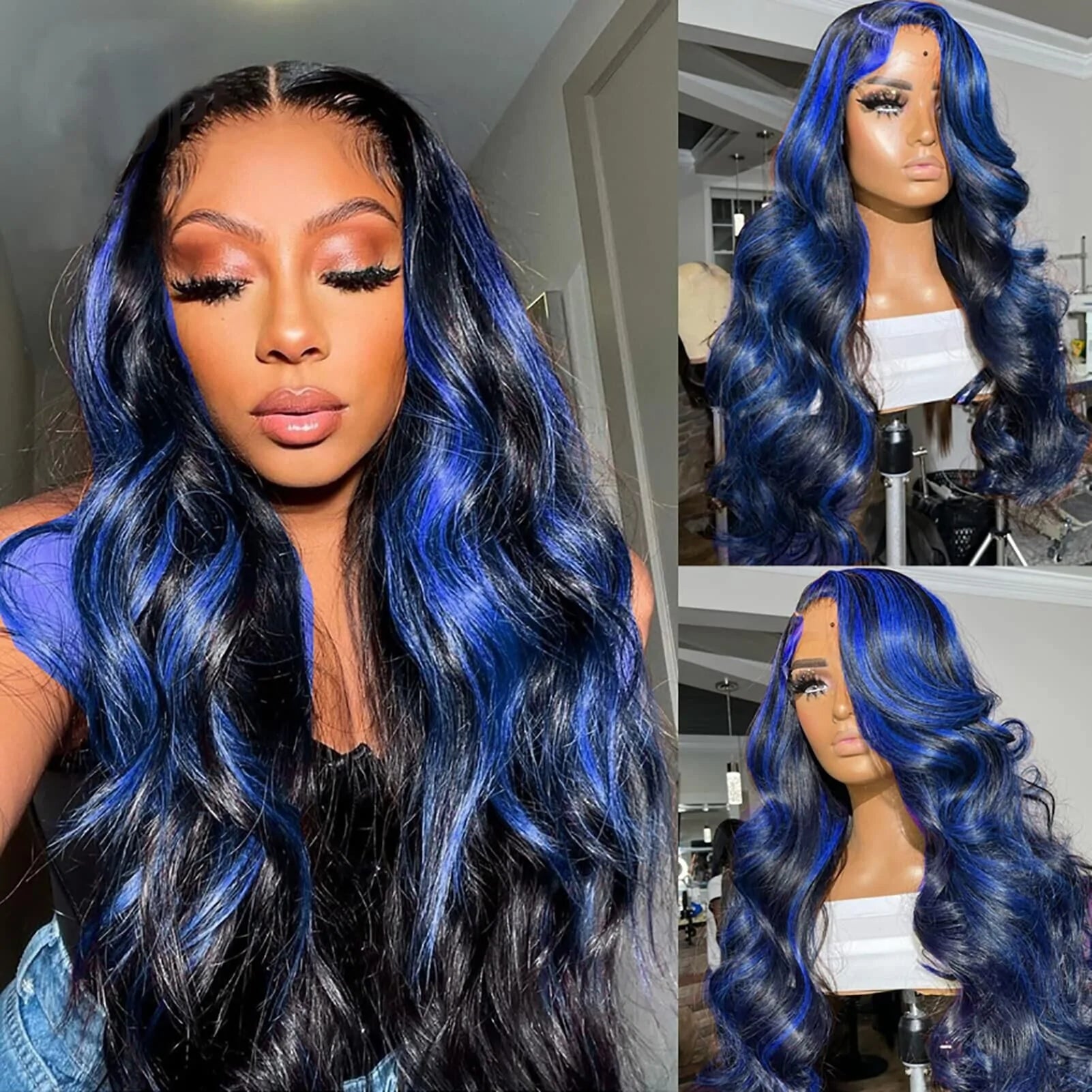Human hair wig Bold Blue&Black Highlights Body Wave HD Lace 13x4 Transparent Lace 180% Density Color Wigs Free Part - arabellahair.com