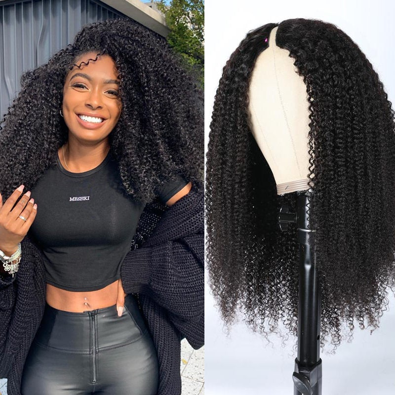 Kinky Curly Style V Part Glueless Curly Wig Human Hair No Glue No Leave Out - arabellahair.com