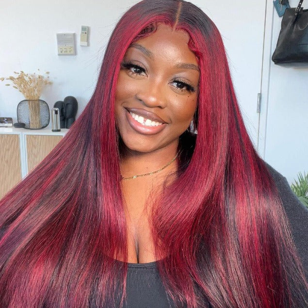 Dark Burgundy With Rose Red Highlights Straight HD Lace 13x4 Transparent Lace Color Wigs Free Part