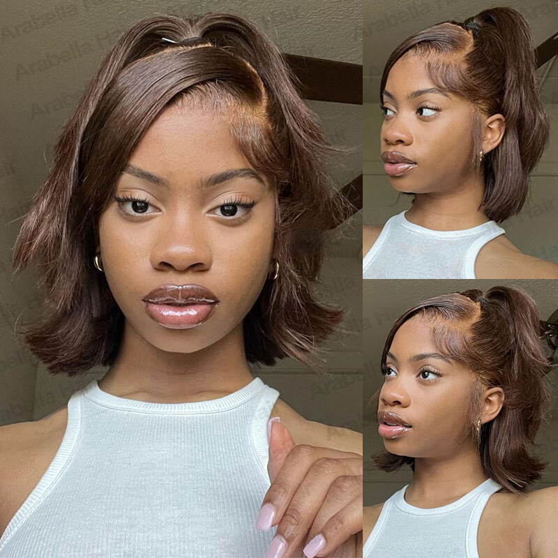 000【BOGO】Chestnut Brown Straight Short Bob 13x4 Lace Front Human Hair Wig