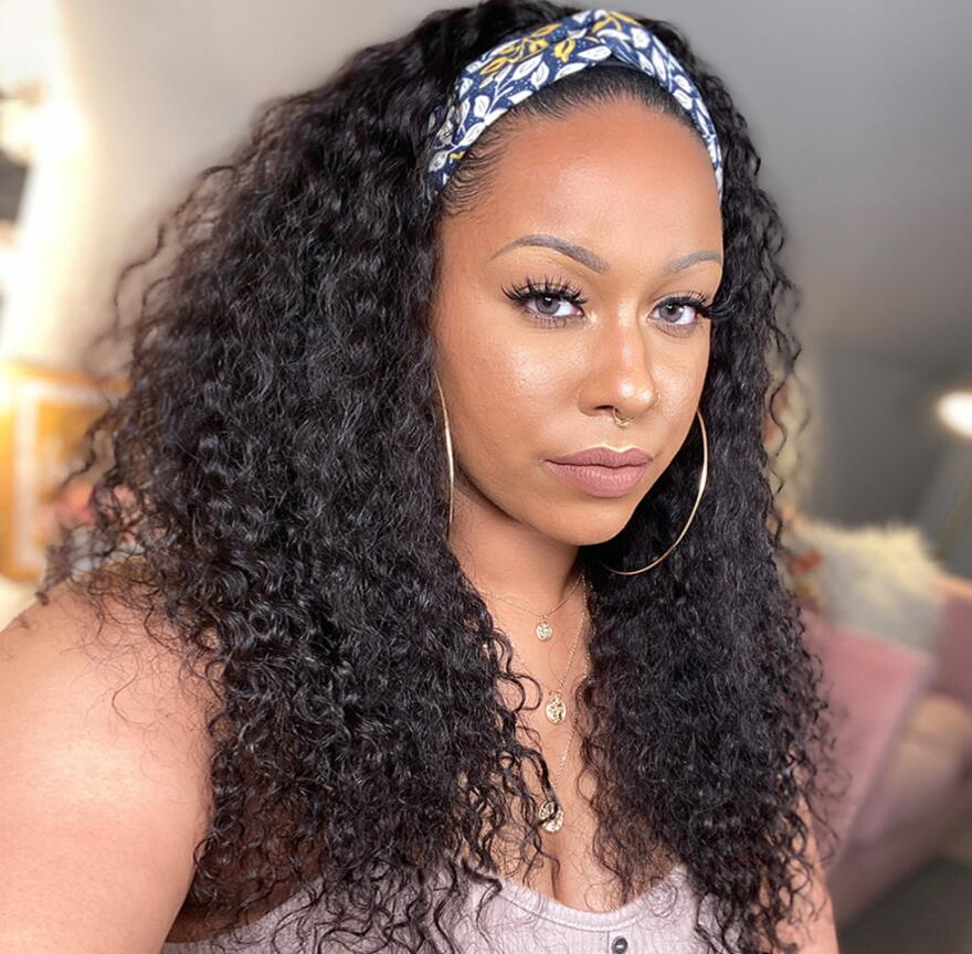 Headband Wig Glueless Wig Natural Human Hair Wig Half Wig Kinky Curly Natural Black - arabellahair.com