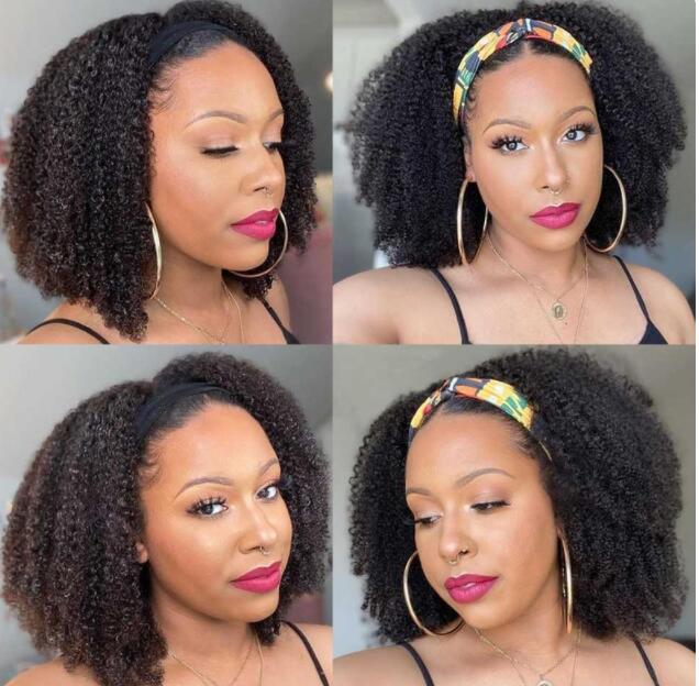 Headband Wig Glueless Wig Natural Human Hair Wig Half Wig Kinky Curly Natural Black - arabellahair.com