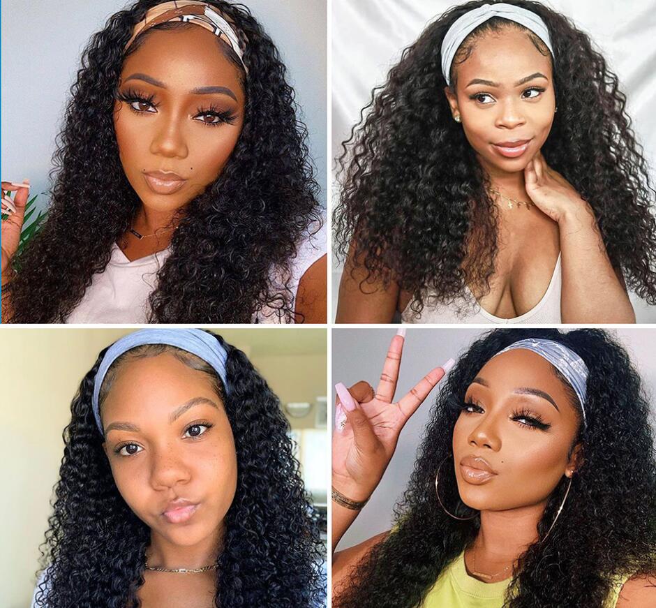 Headband Wig Glueless Wig Natural Human Hair Wig Half Wig Kinky Curly Natural Black - arabellahair.com