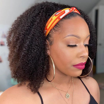 Headband Wig Glueless Wig Natural Human Hair Wig Half Wig Kinky Curly Natural Black - arabellahair.com