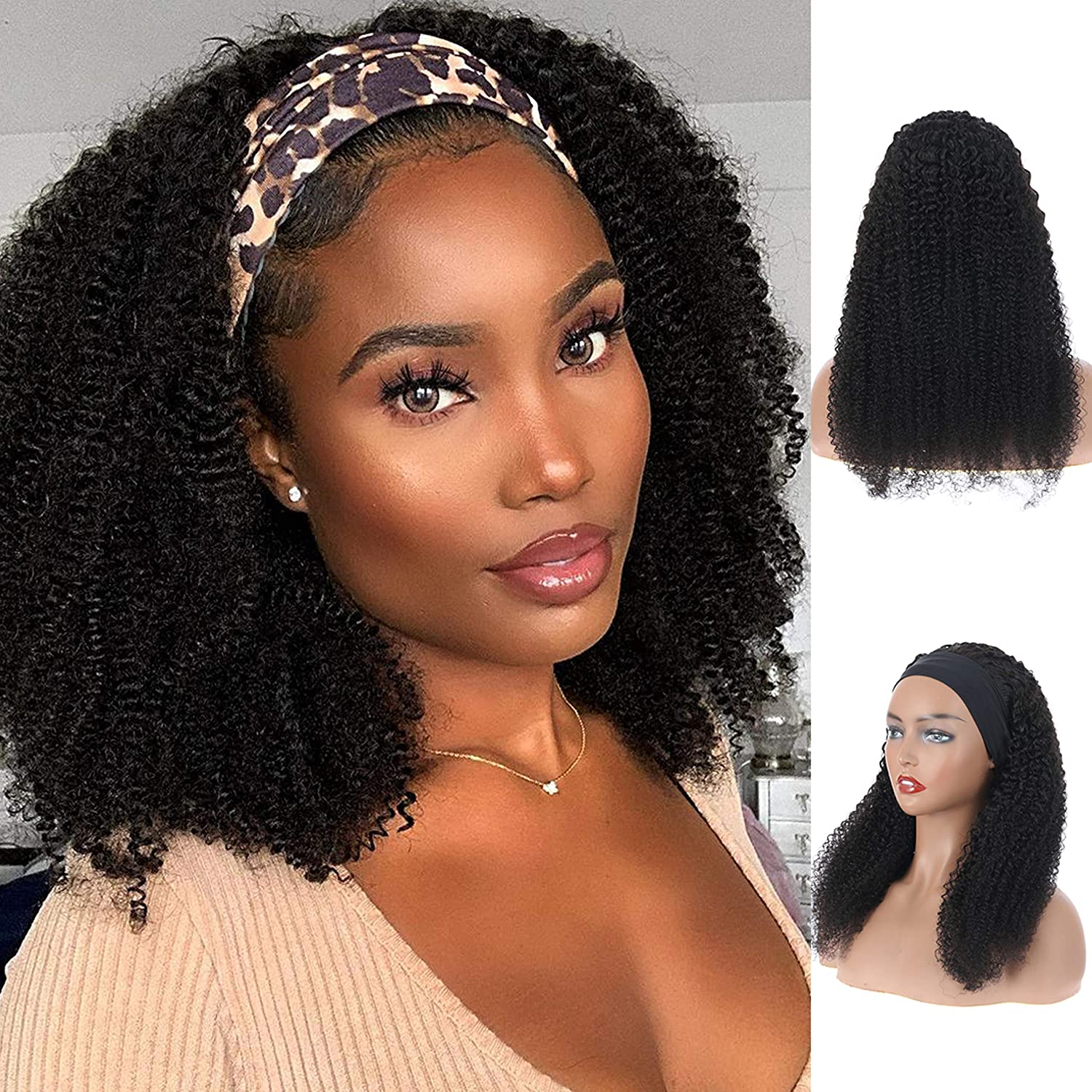 Headband Wig Glueless Wig Natural Human Hair Wig Half Wig Kinky Curly Natural Black - arabellahair.com