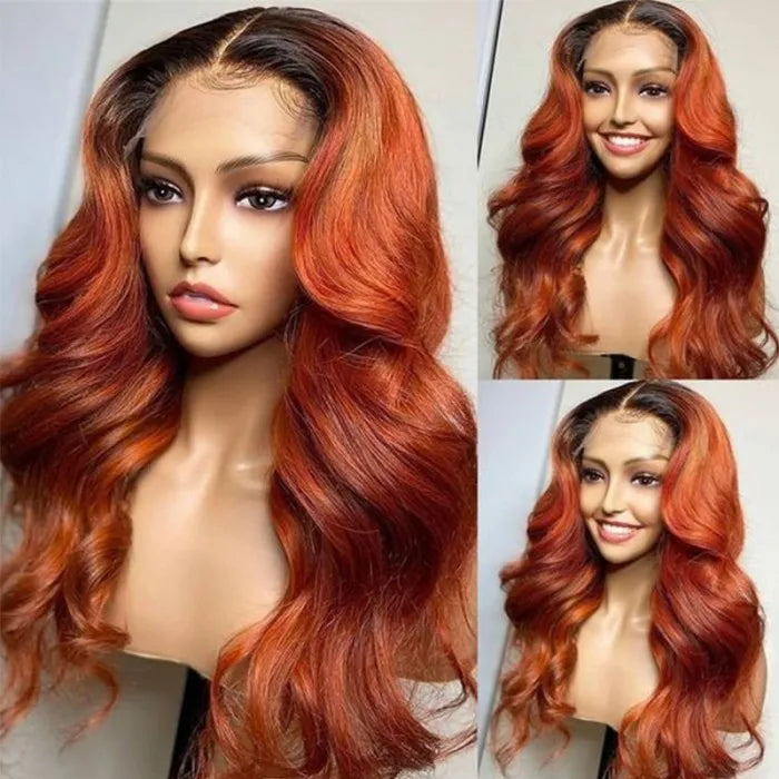 Human hair wig Cinnamon Brunette With Dark Roots Ombre Color Wig 13x4/4x4 Transparent Lace Frontal Wig Human Hair 180% Density - arabellahair.com