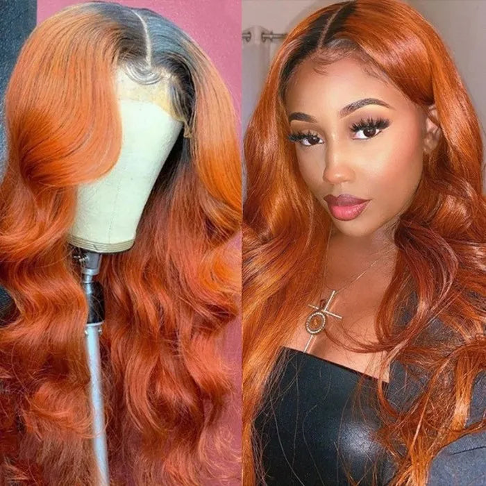 Human hair wig Cinnamon Brunette With Dark Roots Ombre Color Wig 13x4/4x4 Transparent Lace Frontal Wig Human Hair 180% Density - arabellahair.com