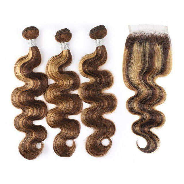 P4/27 Highlight Body Wave Hair Bundles With Closure 3 Bundles with 4*4 HD Lace Closure - arabellahair.com