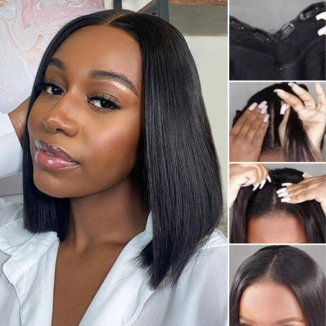 V Part Straight Short Bob Wig Glueless Human Hair Wigs 15A Grade For Beginners No Glue No Leave Out - arabellahair.com