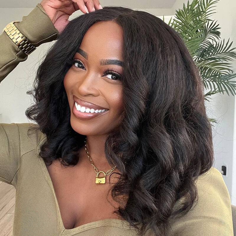 Yaki Straight V Part Bob Wig Natural BlackHuman Hair Glueless Wigs