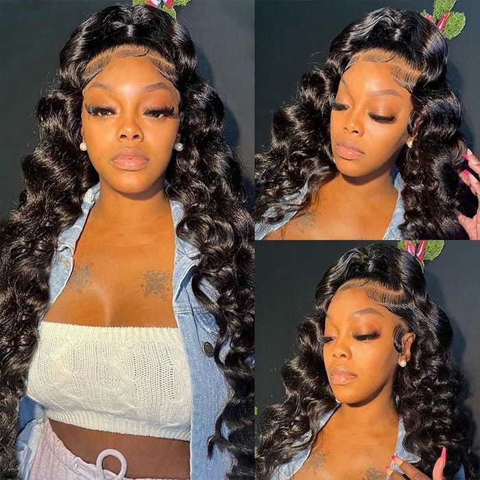 Loose Wave Natural Black 360 Lace Frontal Human Hair Wig Free Part