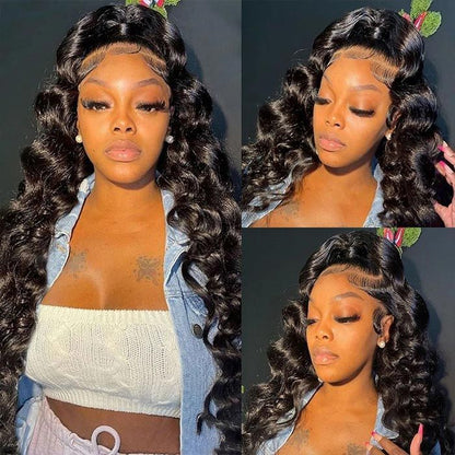 Loose Wave Natural Black 360 Lace Frontal Human Hair Wig Free Part