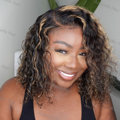 Balayage Bob Style Side Part 13x4/13x6 Lace Frontal Water Wave Highlight Colored Human Hair Wig