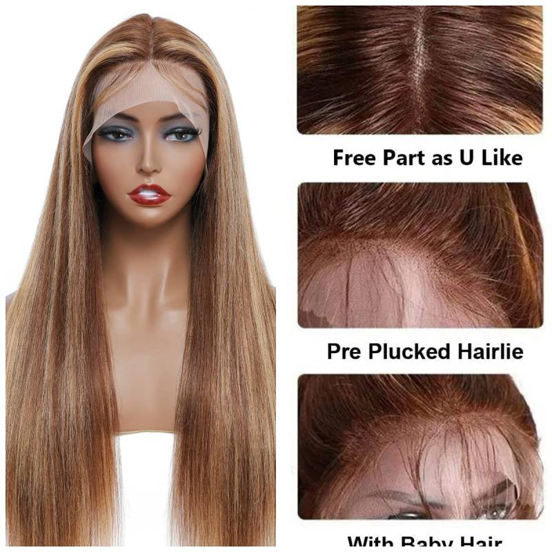 5x5 HD Lace Front Straight Wig Honey Blonde Piano Highlights Transparent Human Hair Wigs