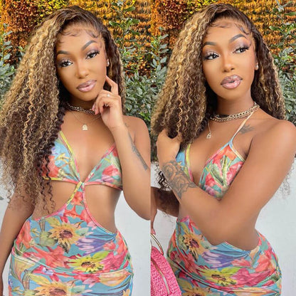 13x4 Lace Pre-Cut Highlight Piano Colored Jerry Curly Upgrade Lace Front Glueless Human Hair Wigs