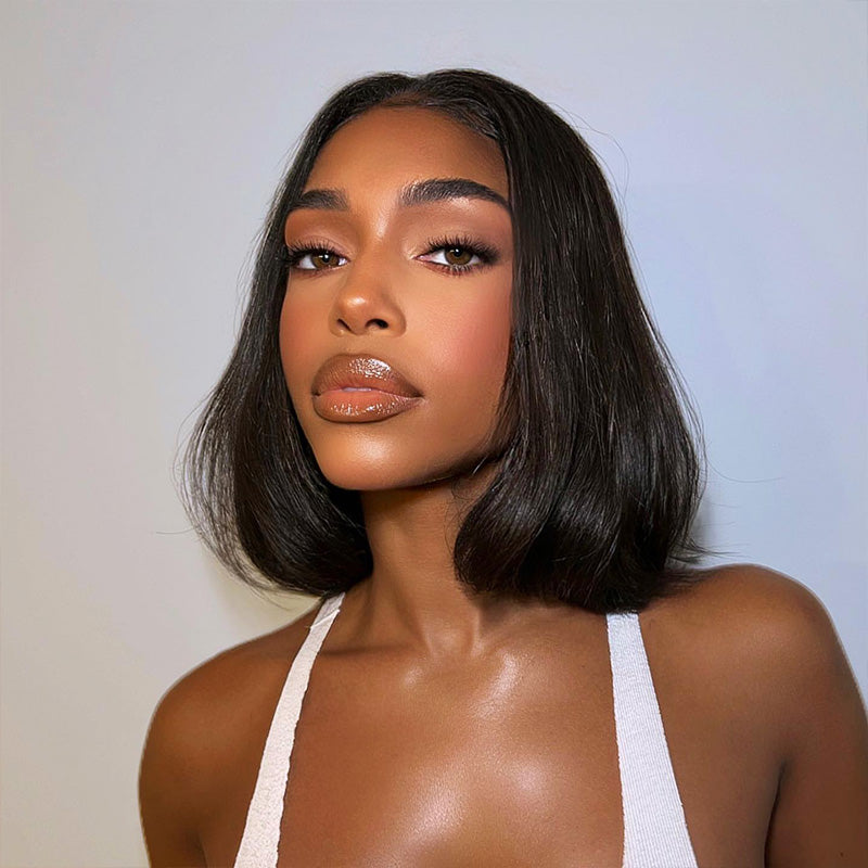 Straight Bob Natural Black 6X6 T Part Lace Front Double Drawn Human Hair Wig
