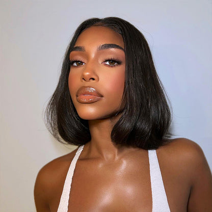 Straight Bob Natural Black 6X6 T Part Lace Front Double Drawn Human Hair Wig