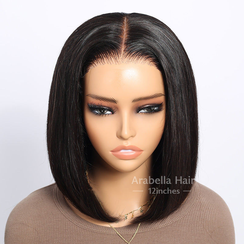 Double Drown 6-Inch Deep Pre-Cut Glueless Lace Straight Bob Wig Wear&amp;Go Pre-plucked 3D Cap Mini Knots Natural Black Virgin Human Hair Wig