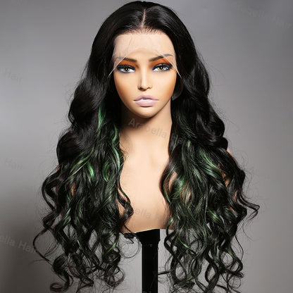 Green Highlights Body Wave HD Lace 13x4 Transparent Lace 180% Density Color Wigs Free Part