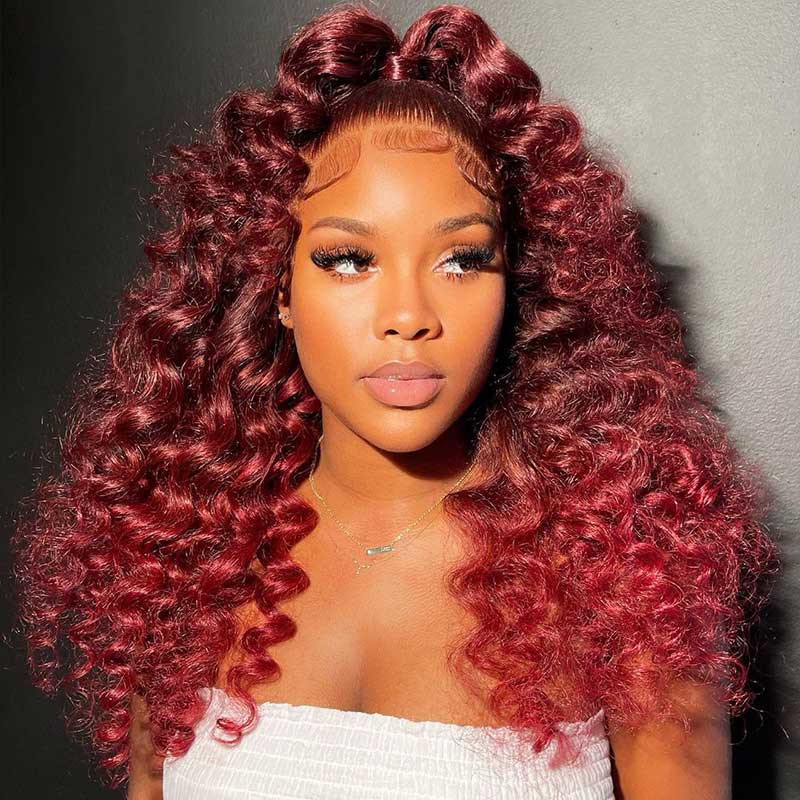 Loose Deep Wave Lace Frontal Burgundy 99J Red Colored Hair Closure Wigs Undetectable Hair Wig Color Wig Glueless 210% Density