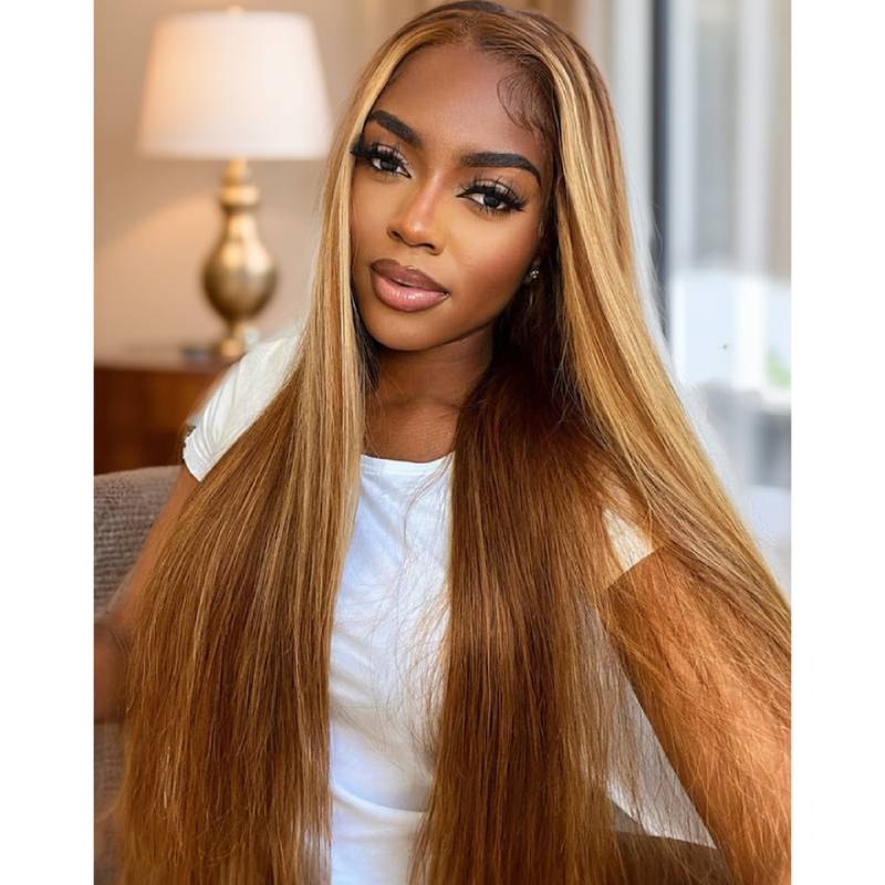 5x5 HD Lace Front Straight Wig Honey Blonde Piano Highlights Transparent Human Hair Wigs