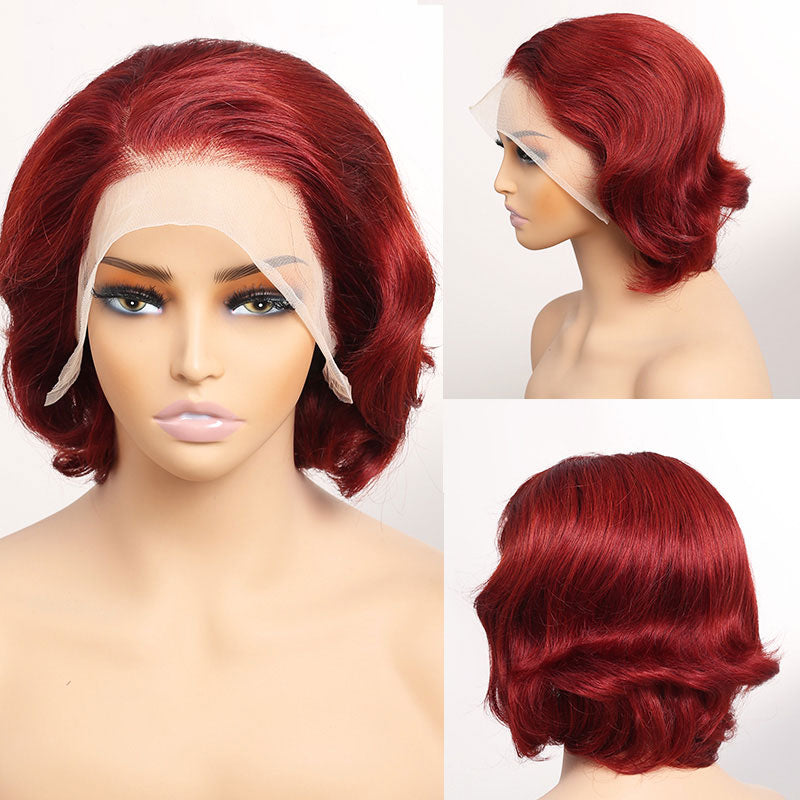 Red Colored Short Bob Wave Style 13x4 Lace Frontal Human Hair Wigs
