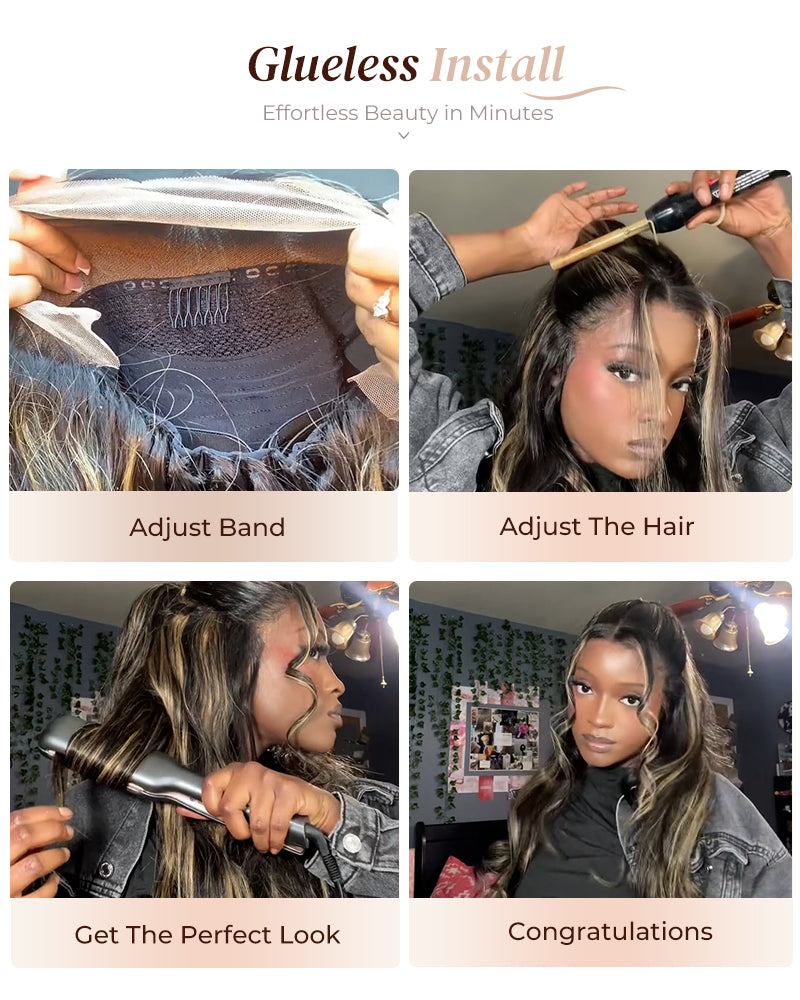 Golden Highlight Color Body Wave 13x4/6x5 Pre-Cut Wear Go Human Hair Wig Middle Part