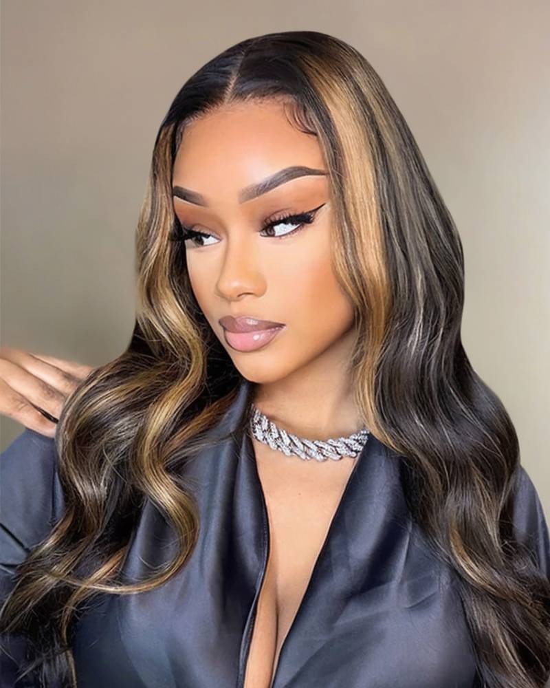 Arabella Hair Arabella 13x4 Frontal Lace Auburn Highlights on Black Hair Body Wave Wig Invisible Knots Realistic Hairline