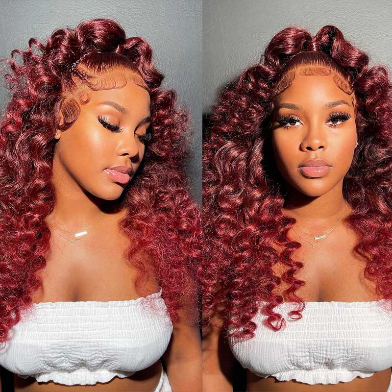 Loose Deep Wave 13x4 Lace Frontal Wig in Burgundy 99J Red - Colored Glueless Hair Closure Wig Undetectable Hair Wig