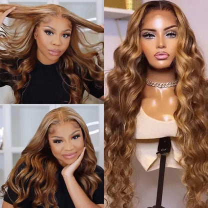 Human hair wig 13x4/5x5 HD Lace Front Body Wave Wig Honey Blonde Piano Highlights Transparent Human Hair Wigs 250% Density Free Part - arabellahair.com