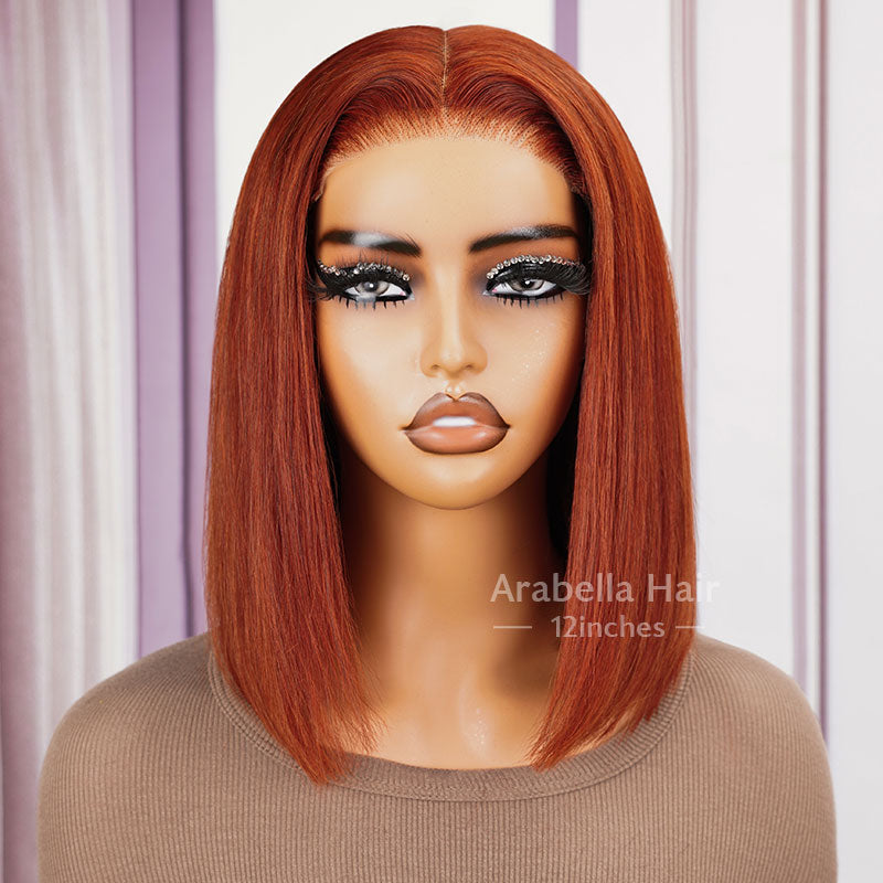 6x5 Pre-Cut Lace Glueless Reddish Brown Color Bob Style Straight Highlight Colored Human Hair Wig