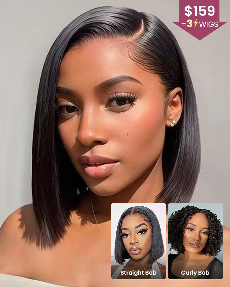 【$159=3 Wigs Bundle Deal】Minimalist Lace Straight/Curly Chic Bob Style Pre-Bleached Knots Easy-Wear Human Hair Wig