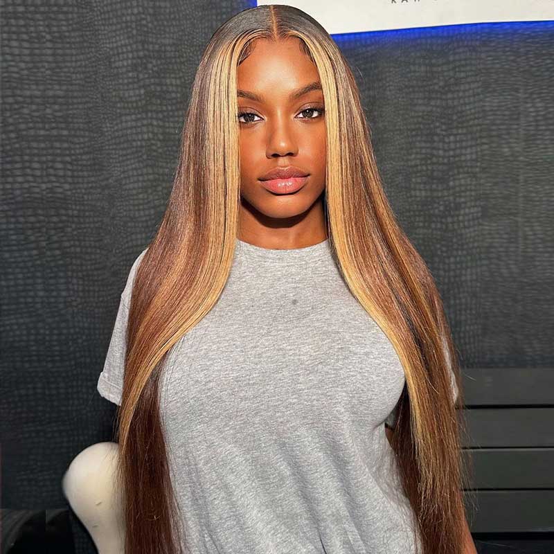 13x4 Lace Honey Blonde with Piano Highlights - Straight Colored Lace Front Human Hair Wig