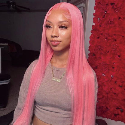 30&quot; 13x4 Lace Front Pink Color Straight Colored Wigs Bleached Knots Human Hair Wig