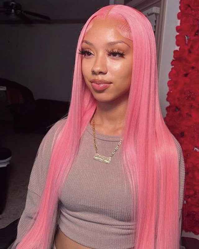 00030" 13x4 Lace Front Pink Color Straight Colored Wigs Bleached Knots Human Hair Wig