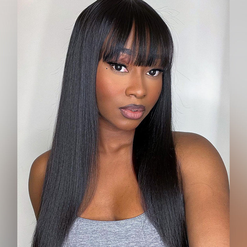 22&quot; Straight With Bangs Machine Made Natural Black Protective Style Human Hair Wigs