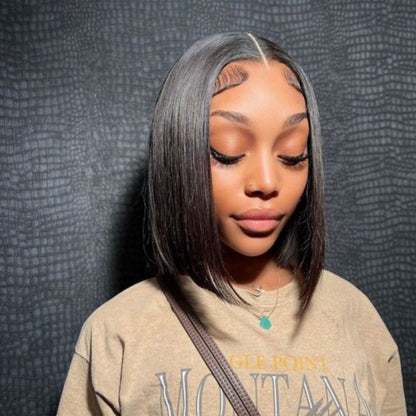 Straight Bob Natural Black 6X6 T Part Lace Front Double Drawn Human Hair Wig